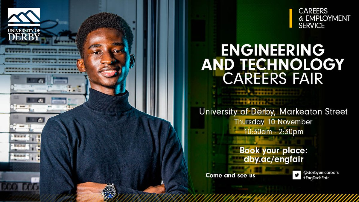 DerbyUniAlumni's tweet photo. Visit our Engineering and Technology Careers Fair at Markeaton Street tomorrow to explore your internship, placement and graduate career opportunities with a wide range of employers.
βοΈ Book your place here: https://t.co/46n7RjPP9k
#GraduateCareers #EngineeringGrad #CareersFair https://t.co/UrCdE9eSVn