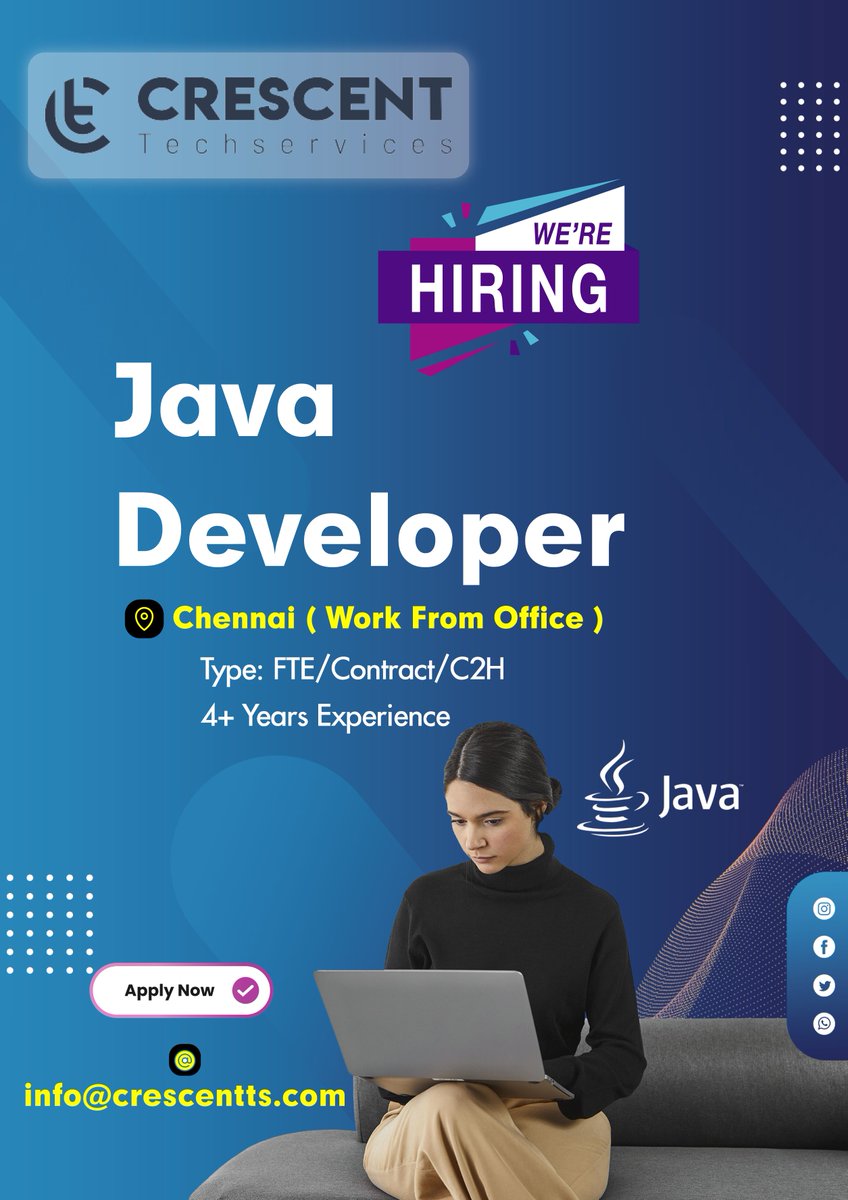 Crescent_Tech_'s tweet image. We&apos;re Hiring For Java Developer
📌 Chennai ( Work From Office )
Type: FTE/Contract/C2H
4+ Years Experience
Apply Now
@info@crescentts.com
#jobs #hiring #javadeveloper #Developer