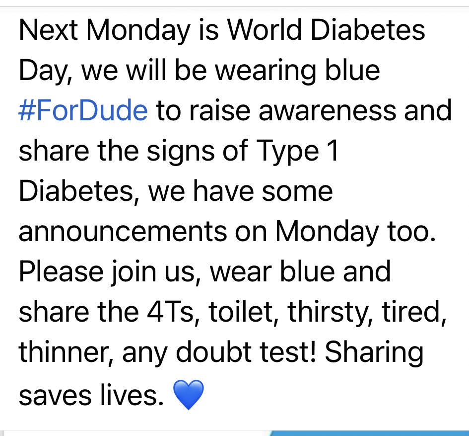 Beth_Baldwin's tweet photo. Monday is #WorldDiabetesDay please join us, wear blue #ForDude 💙 share Peters story & raise awareness of the the onset of #type1diabetes toilet, thirsty, tired, thinner #PeterPower https://t.co/B0dMunPrVt