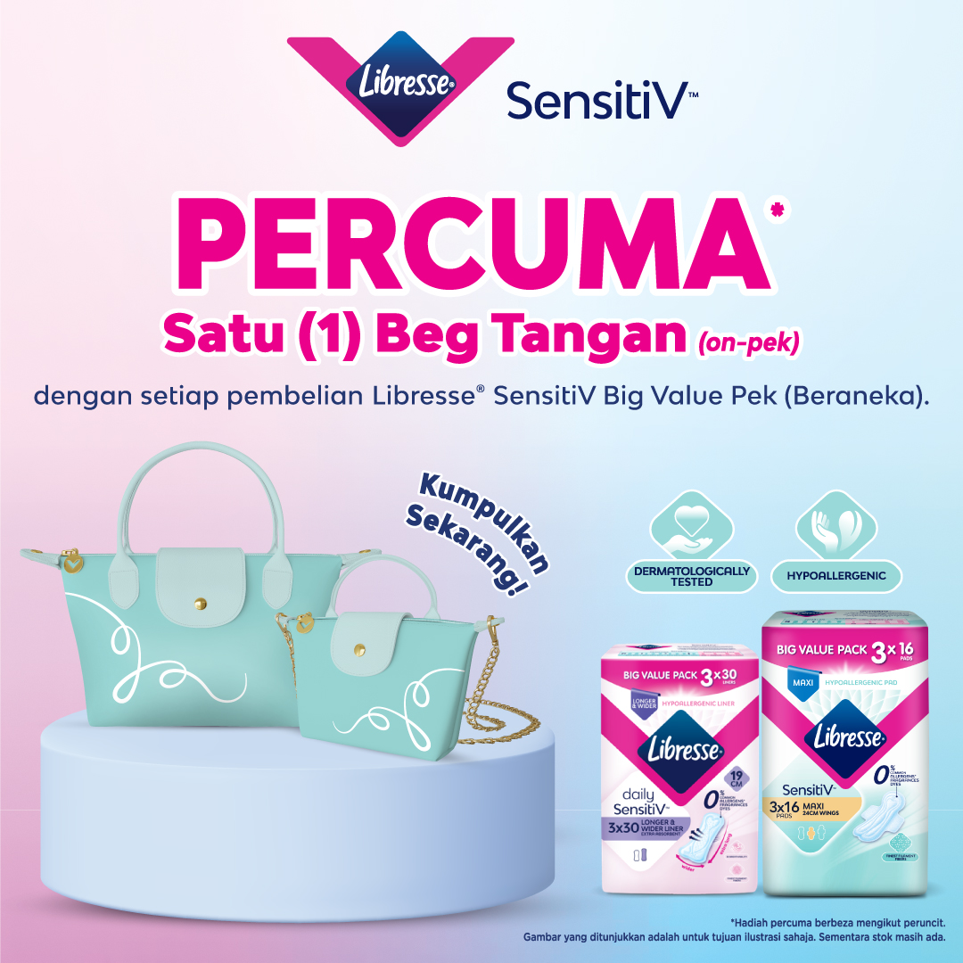 Libresse_MY's tweet photo. Stock up today and get a FREE Libresse® Handbag when you purchase Libresse SensitiV Pads &amp; Liners Big Value Pack range this 1st – 30th November*. Collect them all now!

*T&amp;C apply.
**Gift is on-pack, while stocks last.

#LibresseMY #KnowYourV #WondersOfTheWomb #SensitiV https://t.co/HaasY9fb6F