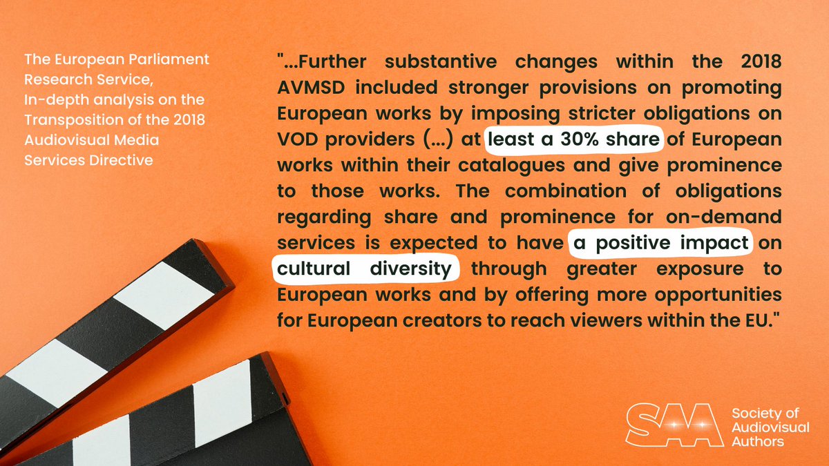 saabrussels's tweet photo. #FactFriday - @Europarl_EN analysis of the #AVMSD highlights 30% #EuropeanWorks for on-demand services is expected to have a positive impact on cultural #diversity👏
📜SAAs 4 ways to improve the AVMSD https://t.co/BW5kXdm1C3
📜EPs analysis https://t.co/NizHVa9kfP
#WeLoveAuthors https://t.co/zTt6XLXy8b