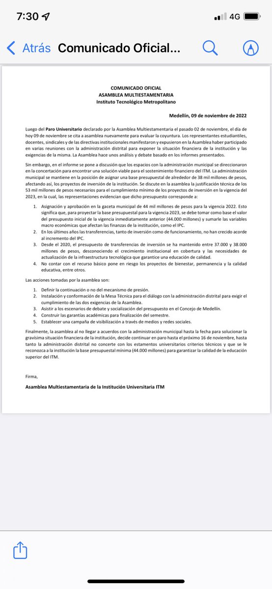 VictorJCorreaV's tweet photo. Por un lado la administración de @QuinteroCalle instaura matrícula cero en la institución, pero por el otro desfinancia el ITM disminuyendo sustancialmente y en términos reales el presupuesto para el 2023, me sumo al reclamo  de sus estudiantes en paro. https://t.co/zfdwiV8pSX