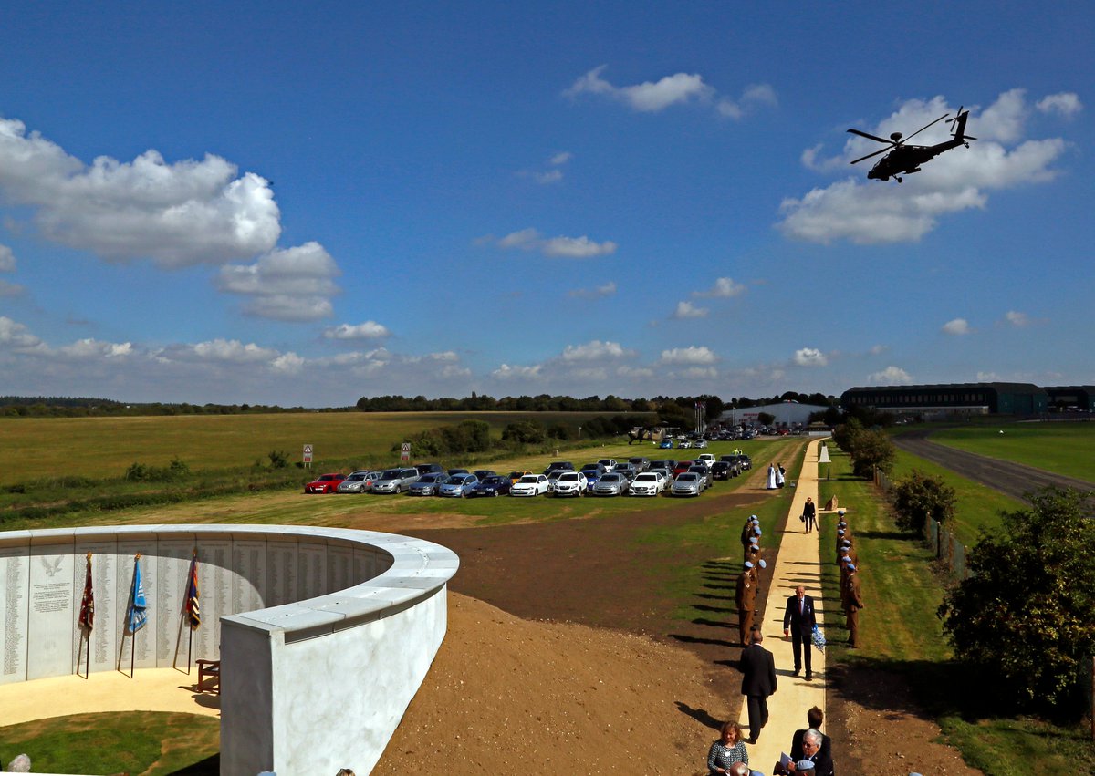 Here's the distinctive silhouette of an @ArmyAirCorps Apache making an appearance at the opening of our Army Flying Memorial on the 1st September 2017 #RemembranceDay #remembranceday2022 #LestWeForget #WeWillRememberThem #ShareYourHelicpterSnaps 🚁📷 Image © Geoff Parselle 2017