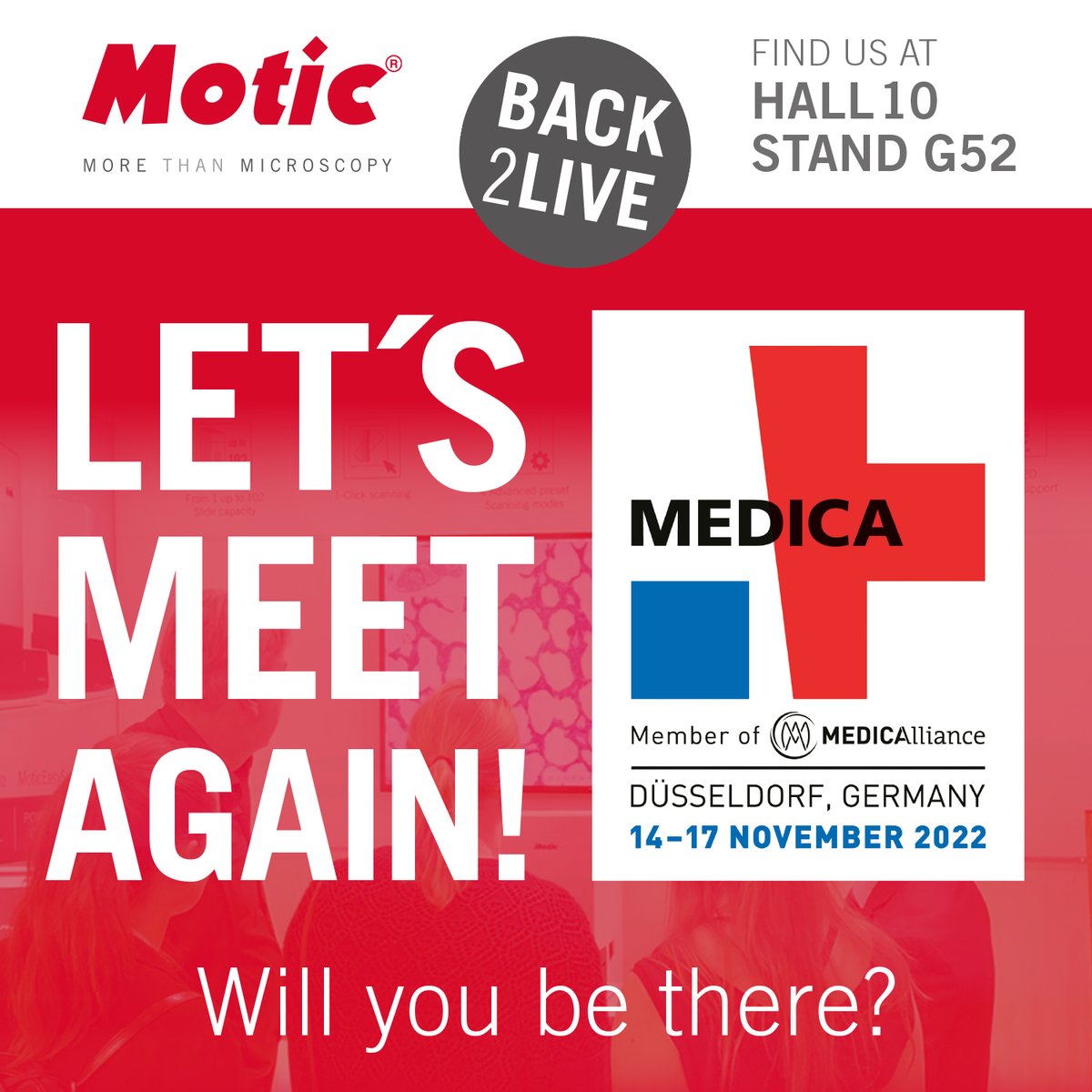 MoticEurope's tweet photo. We are #back2live at @MEDICATradeFair this Monday till Thursday!
Visit us at booth G52 in Hall 10 and finally have a chat face to face

#MEDICA2022 #MEDICA https://t.co/6Fbb7X9Pue