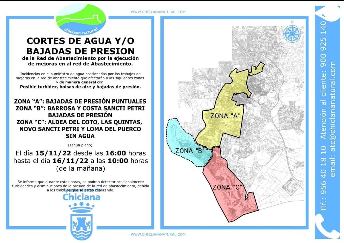 chiclananatural's tweet photo. 🔌 ATENCIÓN. Comunicado de cortes de suministro programado en la ciudad, en un periodo de casi dieciocho horas.
🚱Motivo: sustitución de una válvula de 600 mm, las zonas afectadas son las aparecidas en la imagen.
🙏Disculpen las molestias.
#Chiclana #CortedeSuministro https://t.co/JBwgYpy1qO