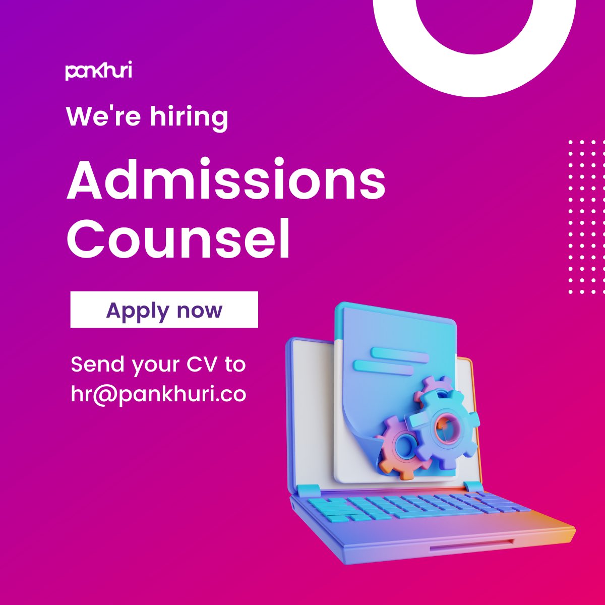 WE ARE #HIRING 
#Pankhuriapp is glowing and growing ✨

We are looking for a passionate Admissions counsel to join our team 📹

It’s a fun loving environment to work in you’ll be just as lucky to have us as we will to have you 🤩

 #admissionscounsel #jobhunt  #jobsearch