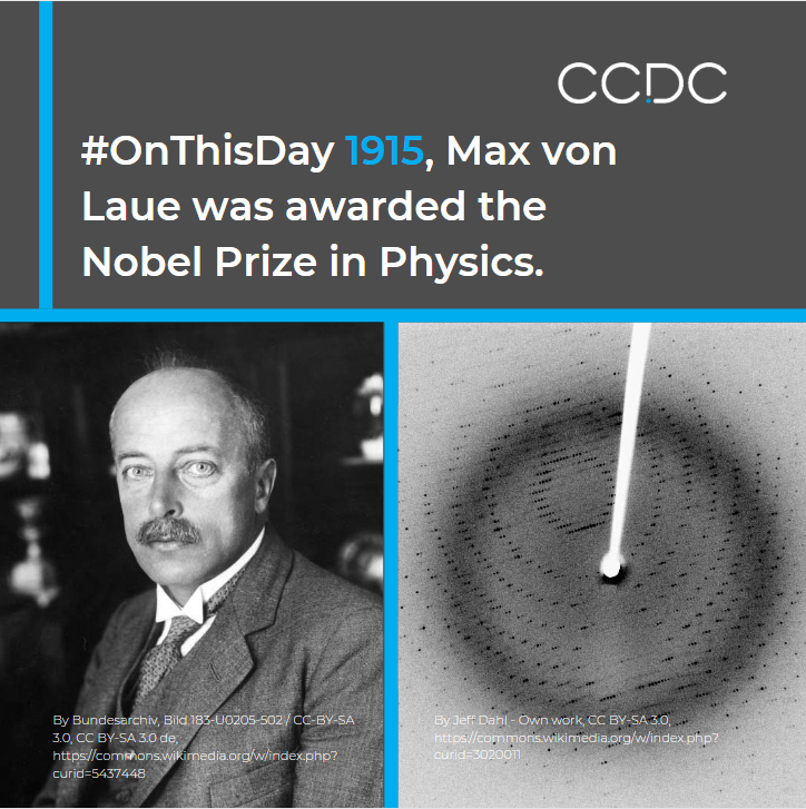 ccdc_cambridge's tweet photo. #OnThisDay in 1915 Max von Laue received the @NobelPrize in Physics for discovering that X-rays could be used to investigate the structure of crystals, the birth of #crystallography! 
Today this technique is essential in biology, chemistry, &amp; materials research.
#sciencehistory https://t.co/EEpRF3WfJ3