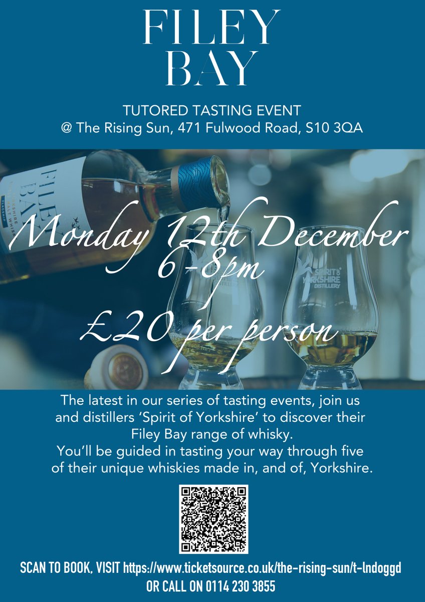 Tickets now live for a tutored tasting event with <a href="/SpiritYorkshire/">Spirit of Yorkshire Distillery</a> at our very own <a href="/Risingsunsheff/">The Rising Sun</a>! A great festive warm up, £20 per person. Head to ticketsource.co.uk/the-rising-sun… or pop into the pub to reserve your place!
