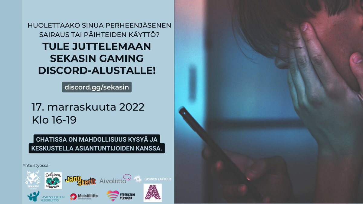 jangsterit's tweet photo. Hei nuori!  
Huolettaako sinua läheisesi #sairastaminen tai #päihteidenkäyttö? Kaipaatko vertaistukea tai asiantuntijoiden apua? Tule keskustelemaan Sekasin Gaming Discord-alustalle torstaina 17. marraskuuta klo 16-19 asiantuntijoiden ja muiden nuorten kanssa. #nuorethoivaajat https://t.co/Q2yI0dFN2E