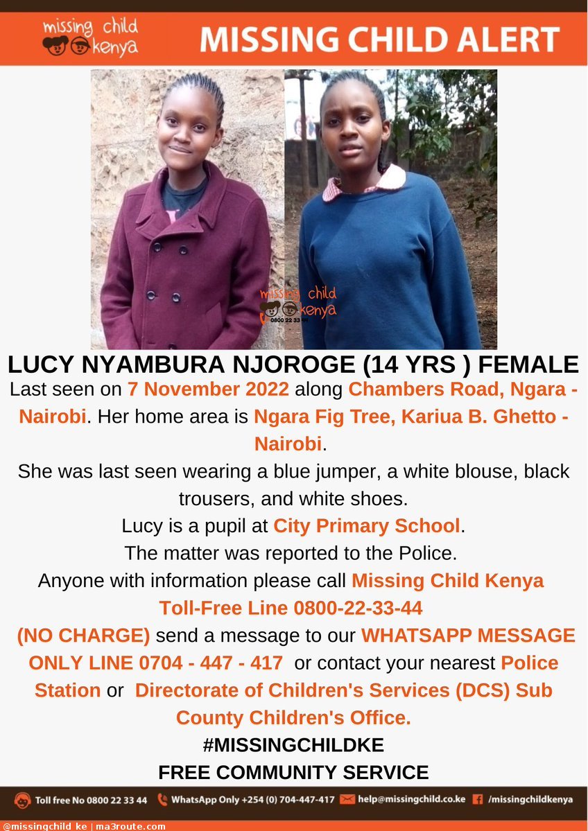 a3Route's tweet photo. 10:18 MISSING CHILD ALERT NGARA - NAIROBI. Lucy Nyambura Njoroge (14 yrs) was last seen on 7/11/2022. Please share alert to help reunite her with family. Thanks. #MISSINGCHILDKE  https://t.co/SbjftVJWZ0 via @missingchild_ke