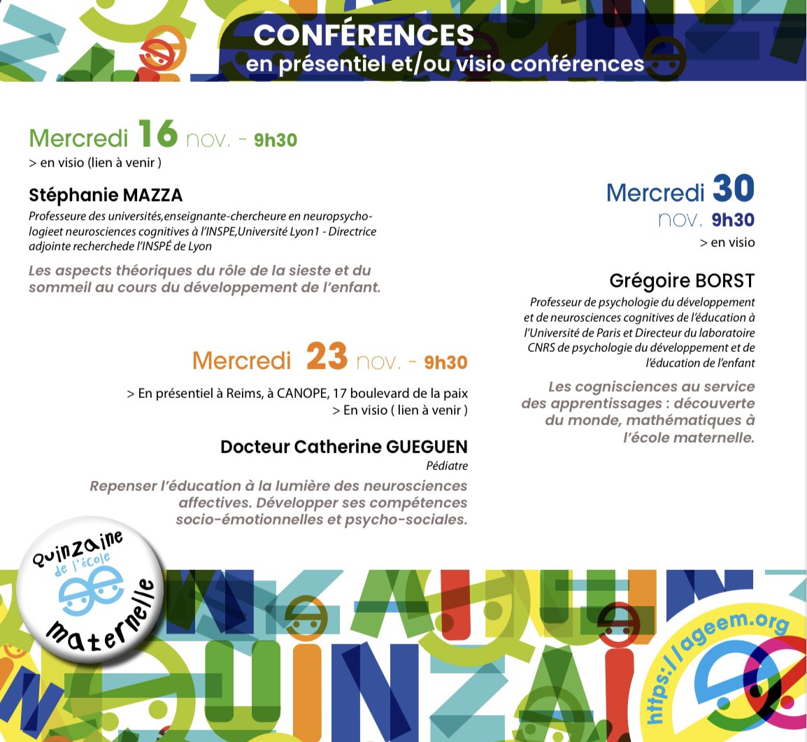 #15aineageem La quinzaine de l’école maternelle débute cette semaine!Rdv pour notre programme de conf ATTENTION ! Il faut être abonné pour recevoir le lien de connexion. Profitez du week-end pour mettre à jour votre adhésion et ne rien louper de l’ageem😉 ageem.org/adherer/