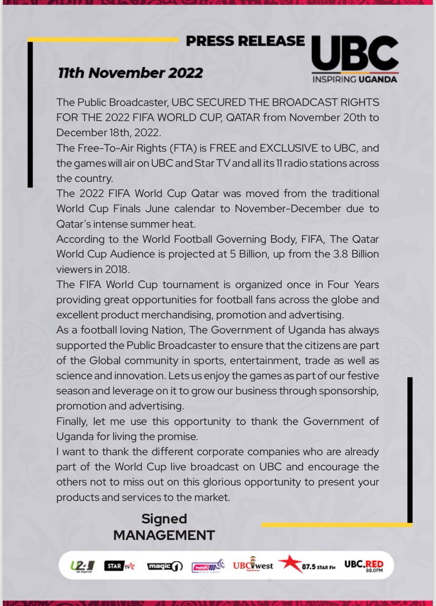 📃 OFFICIAL STATEMENT 

<a href="/ubctvuganda/">UBC UGANDA</a> has secured the broadcast rights for the 2022 FIFA World Cup. Details👇🏽

#UBCUpdates #UBCWhatNext #FIFAWorldCup