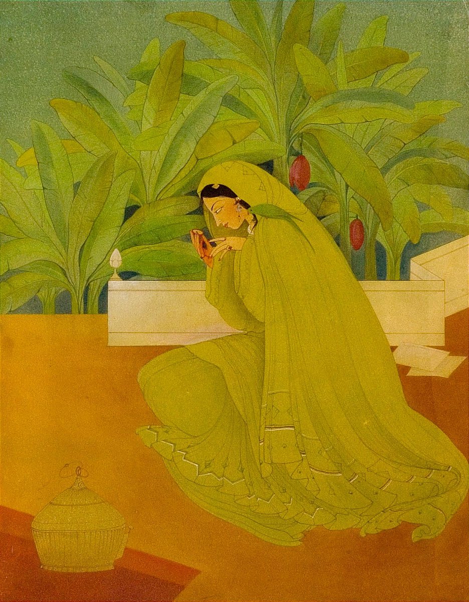 Bisen_7's tweet photo. Hiraman Tota by Abdur Rahman Chughtai

This painting is likely Chughtai's most famous work. It is a depiction of Rajput Queen, Rani Padmavati with her talking parrot Hiraman. https://t.co/fcHVkcZFB3