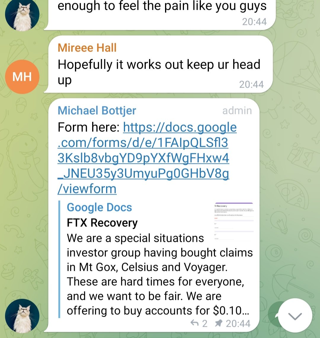 FatManTerra's tweet image. Hours ago, Algod tweeted out a Telegram group where his partner was offering to purchase FTX balances for $0.10 on the dollar. 

I wonder why.

The links have since been scrubbed.