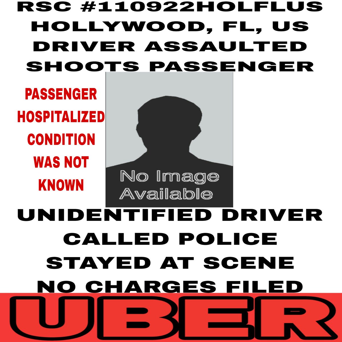 StultzThe's tweet photo. RSC #110922HOLFLUS
HOLLYWOOD, FL, US
DRIVER ASSAULTED
SHOOTS PASSENGER 

UBER <CONFIRMED
DRIVER: UNIDENTIFIED DRIVER
Police said the argument started over a drop-off location.
https://t.co/fRkkNCb3P0 https://t.co/89W0FjDJAQ
