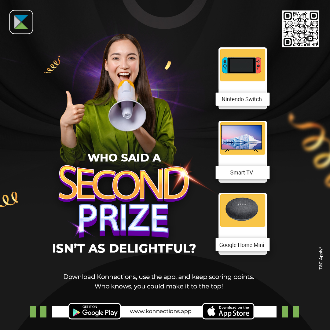 The 1st prize is always the most enticing.
But what if you don’t make it to the first spot? You still could have the 2nd prize which is equally exciting. It is the Nintendo Switch! Install Konnections & participate in the contest konnections.app
#advancedapp #businessapp