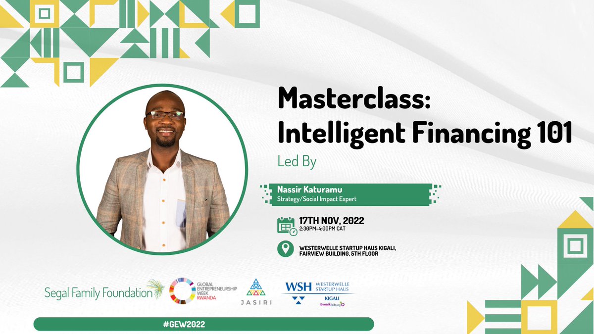 siirwanda's tweet photo. On Thursday, November 17th, 2022, during #GEW2022, we'll be hosting riveting entrepreneurial conversations;

📌 An animated masterclass on #IntelligentFinancing for social entrepreneurs!

🎯 A fireside chat with @buchanaPN, CEO of @acgrouprw 

🥂 A cocktail (sundowner)

#GEW2022 https://t.co/WiBxFoj7jK
