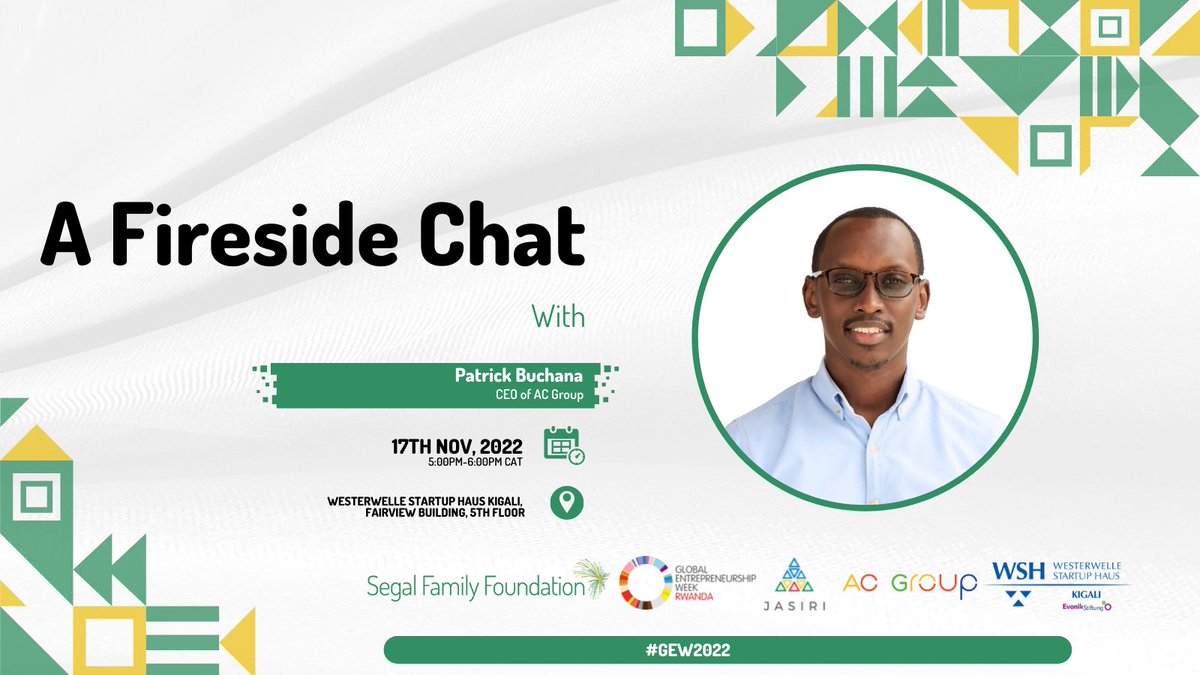 siirwanda's tweet photo. On Thursday, November 17th, 2022, during #GEW2022, we'll be hosting riveting entrepreneurial conversations;

📌 An animated masterclass on #IntelligentFinancing for social entrepreneurs!

🎯 A fireside chat with @buchanaPN, CEO of @acgrouprw 

🥂 A cocktail (sundowner)

#GEW2022 https://t.co/WiBxFoj7jK