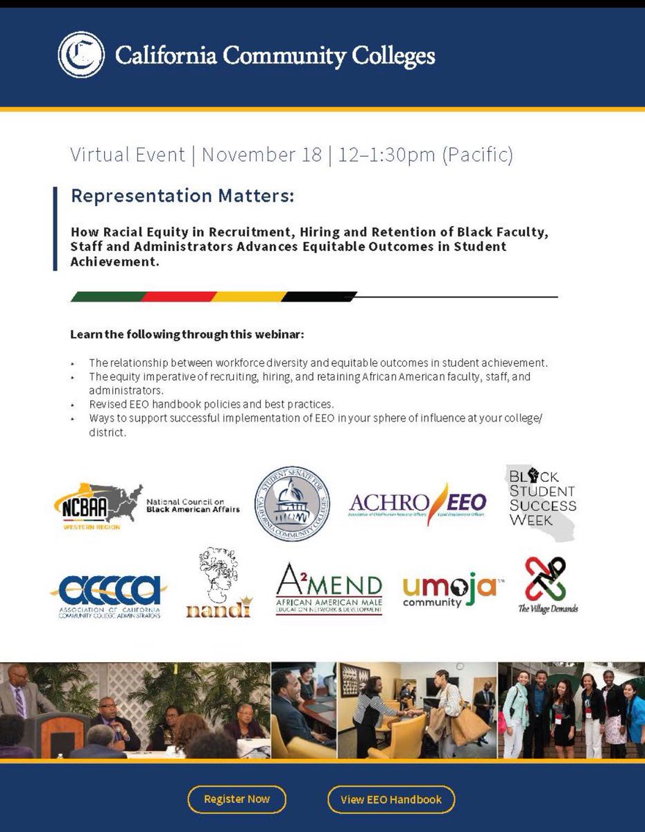 A2MEND (@a2mend2006) on Twitter photo Register now for the Friday, Nov. 18 at 12 p.m. virtual event, Representation Matters: How Racial Equity in Recruitment, Hiring and Retention of Black Faculty, Staff and Administrators Advances Equitable Outcomes in Student Achievement: bit.ly/3UypZik! <a href="/CalCommColleges/">California Community Colleges</a> Register now for the Friday, Nov. 18 at 12 p.m. virtual event, Representation Matters: How Racial Equity in Recruitment, Hiring and Retention of Black Faculty, Staff and Administrators Advances Equitable Outcomes in Student Achievement: bit.ly/3UypZik! <a href="/CalCommColleges/">California Community Colleges</a>
