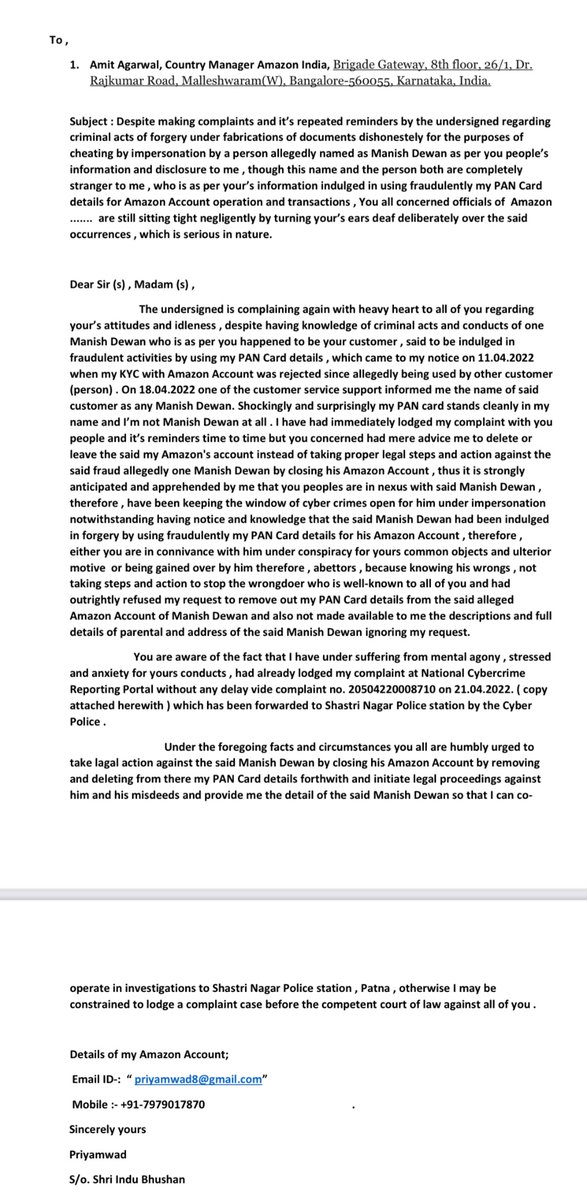 Priyamwad's tweet photo. @AmitAgarwal Sir since 11/04 i am writing to the support to remove my PANCARD from this unknown to me person(Manish_Dewan) whereas your cs team says it’s not possible it’s a criminal offence amazon is not helping me in getting my id removed! https://t.co/fS0Uim5X7h