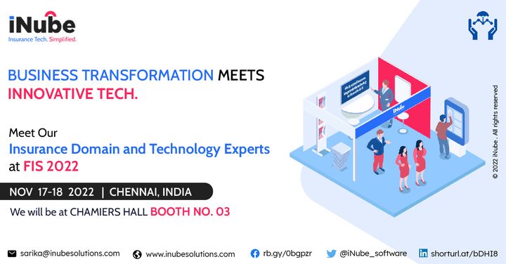 iNube_software's tweet photo. Business transformation meets innovative tech. Meet our Insurance and Technology Experts at FIS 2022 in Chennai on Nov 17 &amp; 18 at Hotel Crowne Plaza. 

#fis2022 #insurance #finance #innovation #banking #insurance_solutions #insurancecompany #Bancassurance #iNube https://t.co/Nda0IY1sYa