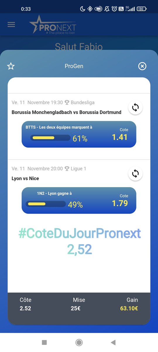 PronextApp's tweet photo. 🚨 #CoteDuJourPronext du 11/11 :
Combi #ProGen 🔸2,52🔸
▶️ #MonchenBvb
Les deux équipes marquent : #btts
▶️ #OLOGCN
#OL gagne
#TeamParieurs #TeamParieur #pronextapp @OL @BVB #BVB https://t.co/w2V80E8xFa