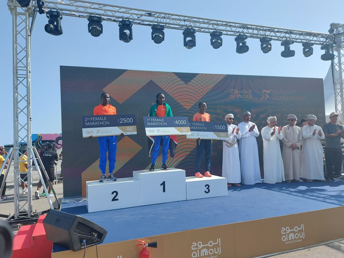 Kenyans win again‼️ Swept the Muscat Marathon what a great day with these young female runners at the Muscat Marathon.

Congratulations to 
🥇1.Sophy Jepchichir
🥈Mercyline  Cherono
🥉Norah Chebet

📍Al Mouj, Muscat