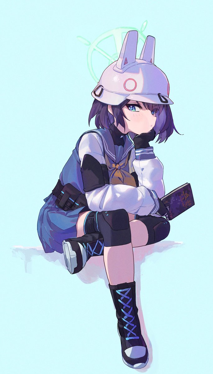 1girl helmet knee pads halo gloves solo school uniform  illustration images