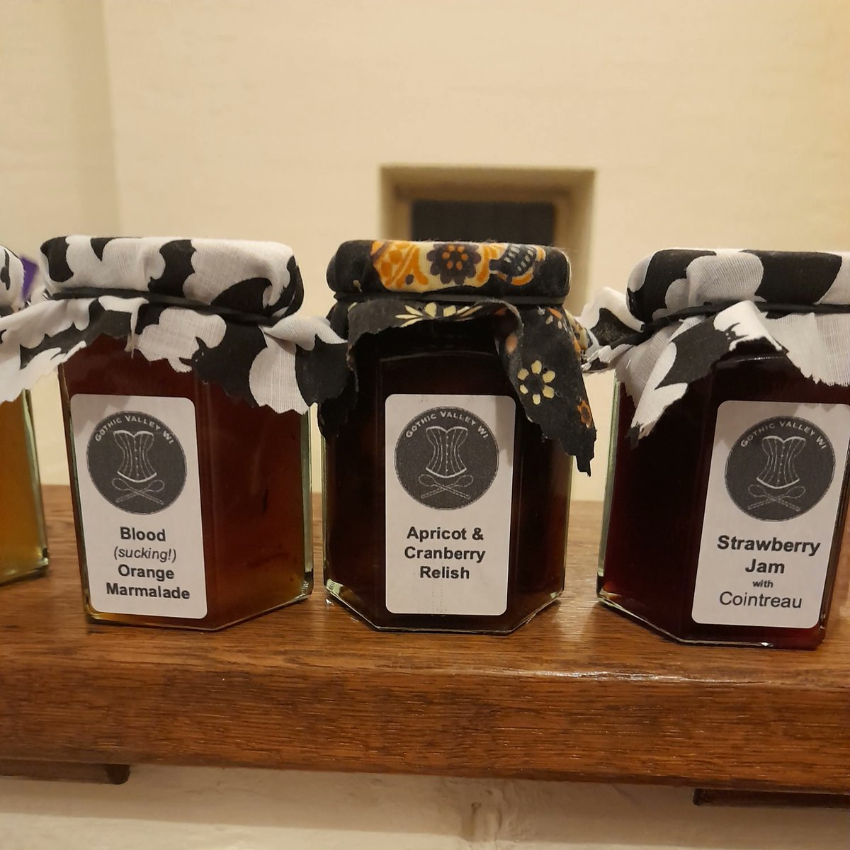 Our Crafty Goths have some serious skills, from #quilting to #jewellerymaking & everything in between.🧵 Behold some of our #GVWI jams & blood 'sucking' orange marmalade made by our president Sarah's own fair hands. Well, we do put the black in blackberry jam! #GVWI #craftygoth