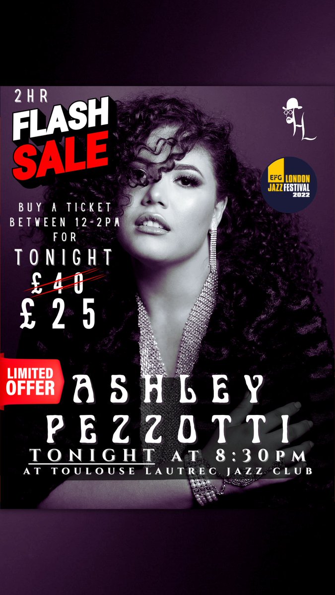 ⚠️ 2hr FLASH SALE for TONIGHT ⚠️ Grab the LAST FEW tickets while you still can for vocal sensation @AshleyMPezzotti. SAVE £15 when you book a ticket between 12pm and 2pm TODAY! . #jazzsinger #jazzvocal #jazzvocalist #jazzvocals #LiveJazz #LiveJazzMusic #jazzfest2022 #jazzclub