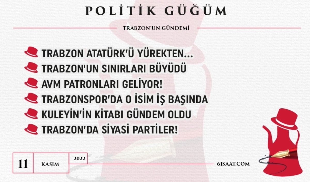 ▪TRABZON ATATÜRK’Ü YÜREKTEN…
▪TRABZON’UN SINIRLARI BÜYÜDÜ
▪AVM PATRONLARI GELİYOR!
▪TRABZONSPOR’DA O İSİM İŞ BAŞINDA
▪KULEYİN’İN KİTABI GÜNDEM OLDU
▪TRABZON’DA SİYASİ PARTİLER!
AYRINTILAR >>> 61saat.com/politik-gugum-…