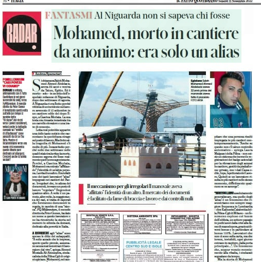 ASparaciari's tweet photo. Il 27/9 a Niguarda รจ morto un fantasma, vittima di un incidente sul lavoro. Un #lavoratoreAlias, irregolari che comprano l'identitร di altri per entrare in cantieri dai caporali. Tutti sanno, nessuno controlla. Domani su #FQMillenium raccontiamo la storia di questo fantasma https://t.co/NycZIn3yn6