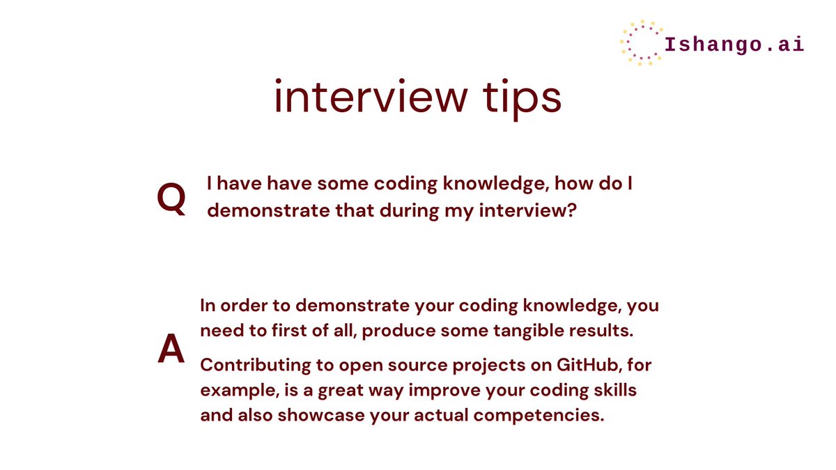 ishango_ai's tweet photo. #interviewtips: Potential #datascience employers want to see your #codingskills in action so do not underestimate the importance of your #github profile. Contributing to open-source projects provides tangible results on which you can easily be assessed.
#datascienceinterview https://t.co/soiPgGBdo7