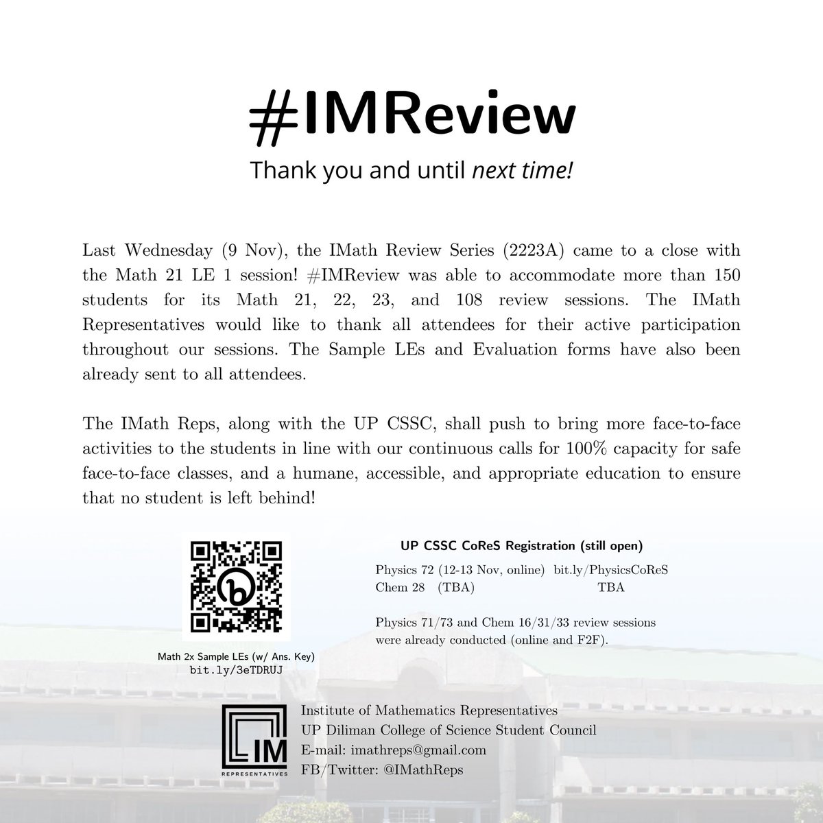 imathreps's tweet photo. #IMReview | Thank you and until *next time*!
Last Wednesday (9 Nov), the IMath Review Series (2223A) came to a close with the Math 21 LE 1 session! #IMReview was able to accommodate more than 150 students for its Math 21, 22, 23, and 108 review sessions. https://t.co/dzQ3hTQGMb
