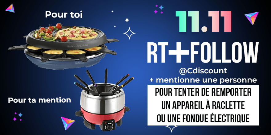 Cdiscount's tweet photo. 🎁 #Concours 
C'est le 11.11, le Single's Day !

On te propose d'inviter ta mention twitter pour une raclette, et elle t'invitera en retour pour une fondue 🫶

✔️ RT + FOLLOW @Cdiscount + mentionne une personne
🍀 TAS à 10h11 https://t.co/ZD9poGukDz