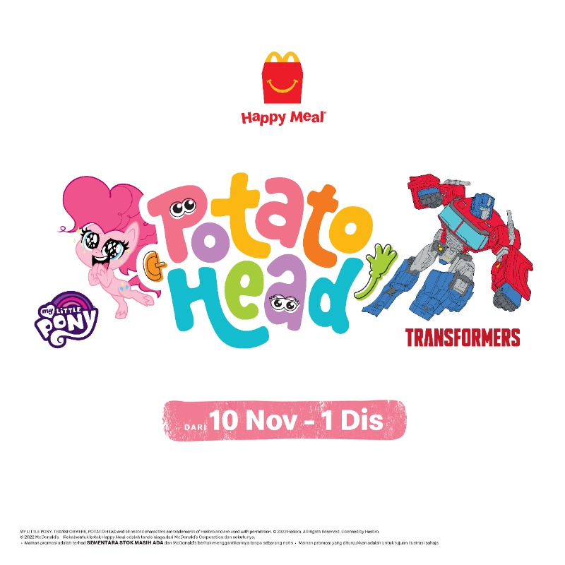 McDMalaysia's tweet photo. Bersedia untuk dapatkan gandingan Potato Head bersama My Little Pony &amp; Transformers! Kumpulkan semua karakter mereka, PERCUMA dengan Happy Meal. 

Pesan sekarang di restoran McD, Pandu Lalu atau McDelivery!