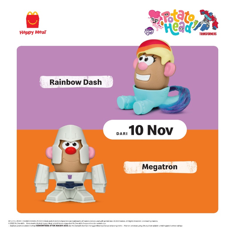 McDMalaysia's tweet photo. Bersedia untuk dapatkan gandingan Potato Head bersama My Little Pony &amp; Transformers! Kumpulkan semua karakter mereka, PERCUMA dengan Happy Meal. 

Pesan sekarang di restoran McD, Pandu Lalu atau McDelivery!