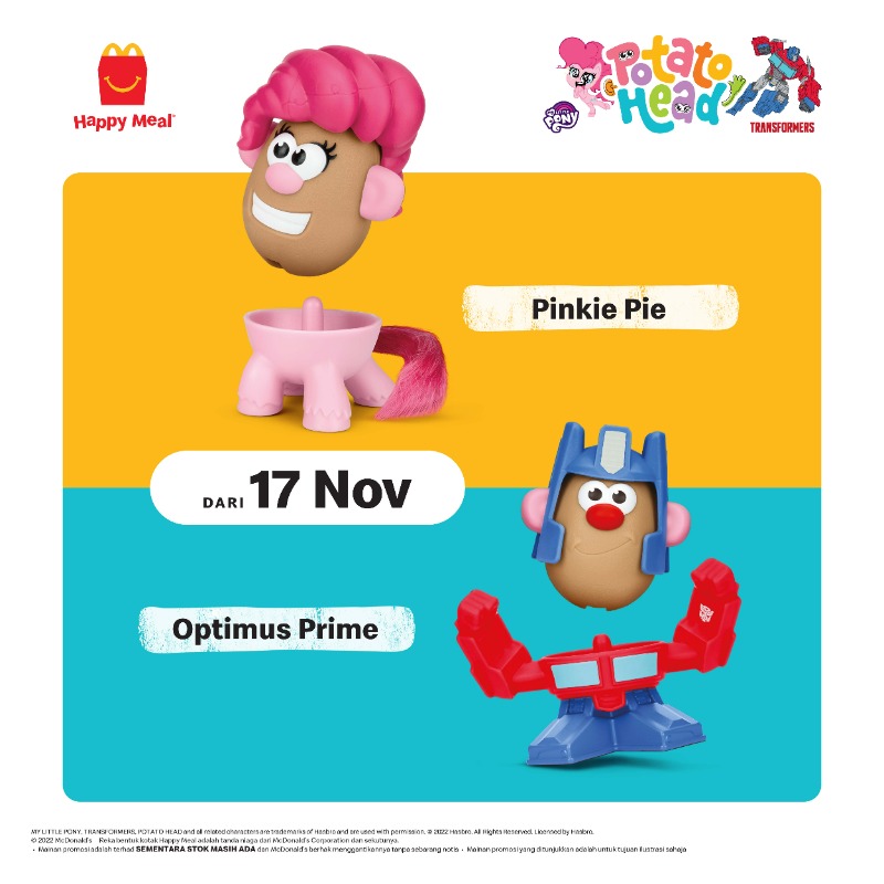 McDMalaysia's tweet photo. Bersedia untuk dapatkan gandingan Potato Head bersama My Little Pony &amp; Transformers! Kumpulkan semua karakter mereka, PERCUMA dengan Happy Meal. 

Pesan sekarang di restoran McD, Pandu Lalu atau McDelivery!