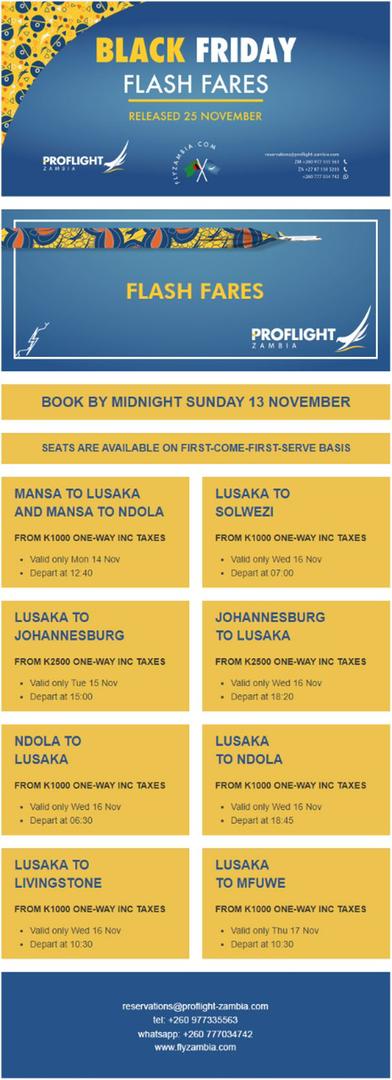 proflightzambia's tweet photo. FLASH FARES ALERT! π¨
#Soar with our #FlashFares
Book your ticket quickly online at https://t.co/koukLGQ6sW or via:
reservations@proflight-zambia.com
πΏπ² +260 977 335 563
πΏπ¦ +27 (0) 87 138 5203
WhatsApp +260 777 034 742
Last booking day is Sunday 13th November!
#PlaneSmart https://t.co/lqNAioIwmj