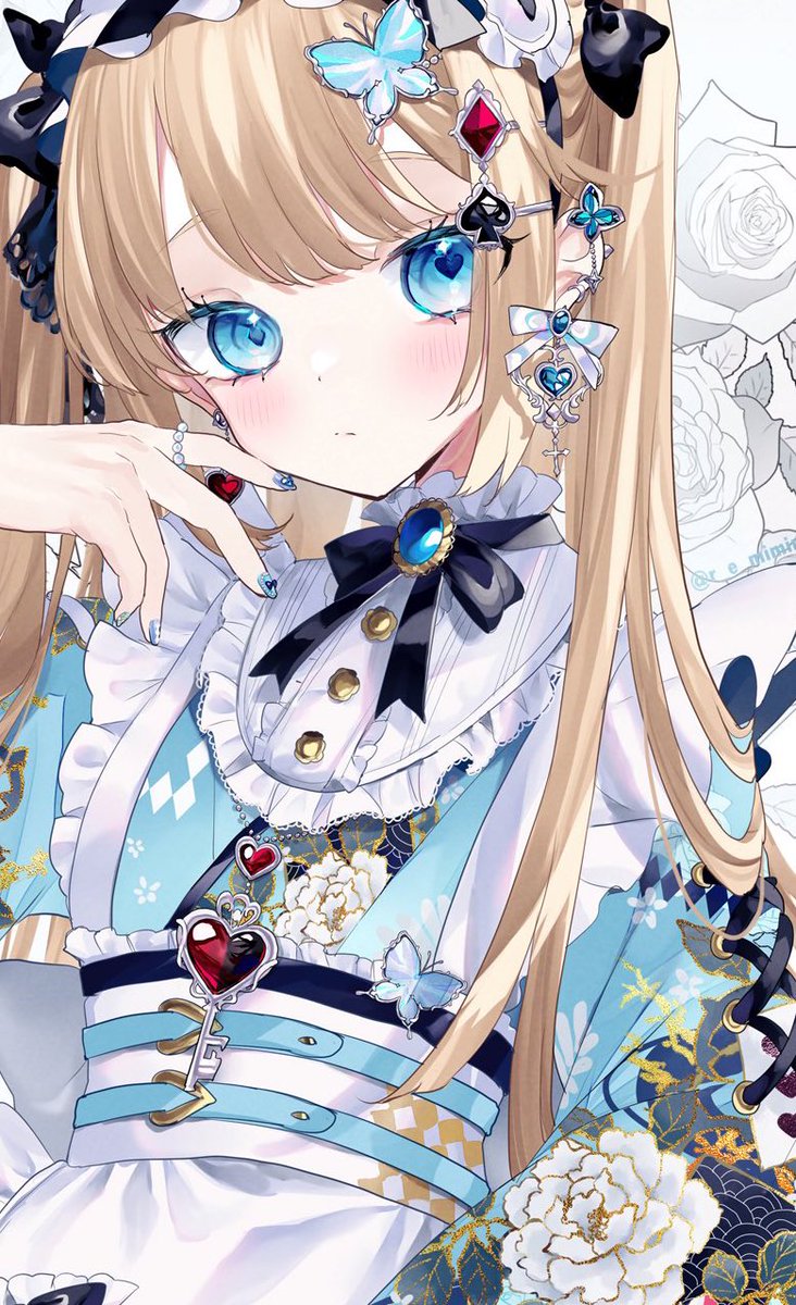 1girl jewelry solo blue eyes apron kimono blush  illustration images