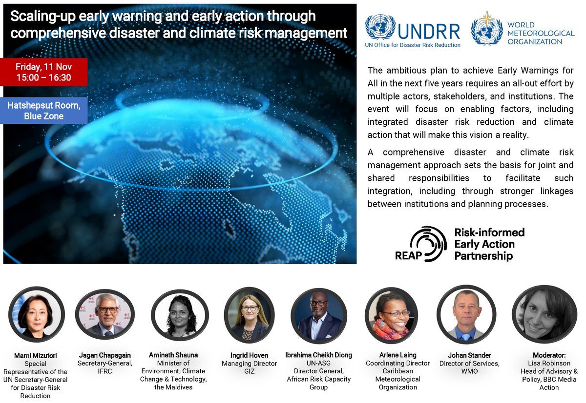 📢Are you attending #COP27 ? 
Then, join us and @WMO for this event this afternoon. We’ll zero in on how integrating climate and disaster risks can make #EarlyWarningForAll a reality in 5 years.
Watch it live 🔴: unfccc.int/event/undrr-wm…