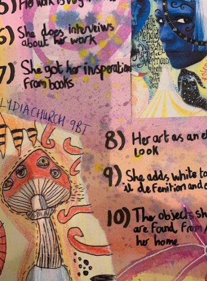 Stunning artist research by Year 9. The art dept corridor exhibits examples of excellence from different pupils every week.  It definitely creates some great responses by other pupils.  We have included teacher feedback and grade to give more information. 
What creativity&amp; skill.