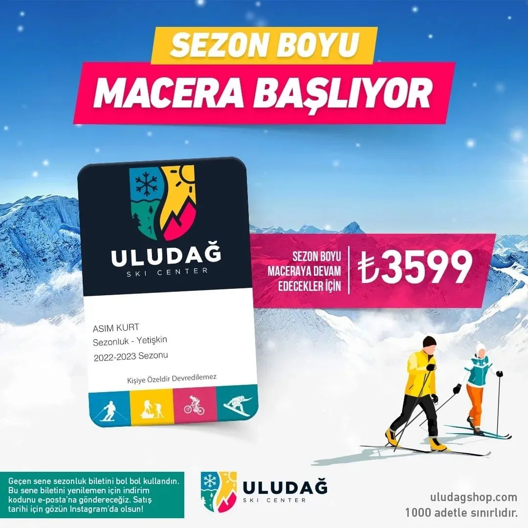 Sezon yaklaştığına göre sıra SEZONLUK BİLETLERDE. ❄️

Geçen sene sezonluk biletini bol bol kullandın. Bu sene biletini yenilemen için indirim kodunu e-posta'na göndereceğiz. ⛷️ 

#kışsezonu #uludağ #uludağkayakmerkezi