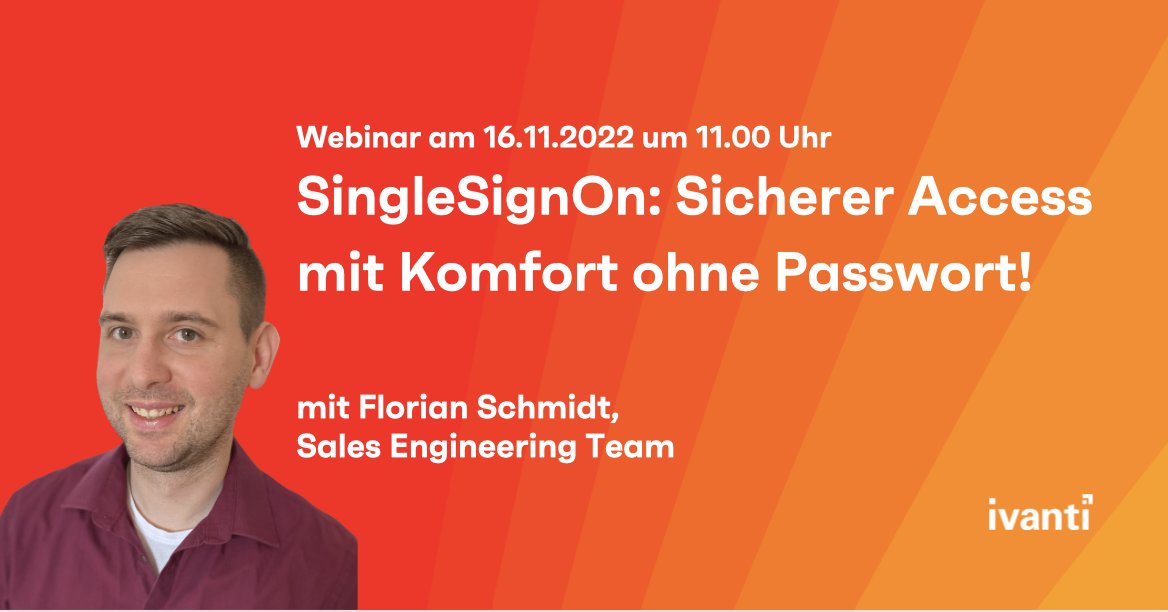 Sicherheit &amp; Komfort gehen nicht immer miteinander einher. Das ist Schnee von gestern! 
Erfahrt im #Ivanti Webinar am 16.11.2022 wie #SingleSignOn euch Plattformen einfach nutzen lässt, ohne komplizierte Authentifizierungen vorauszusetzen. 
Zur Anmeldung: bit.ly/3WR3zdA