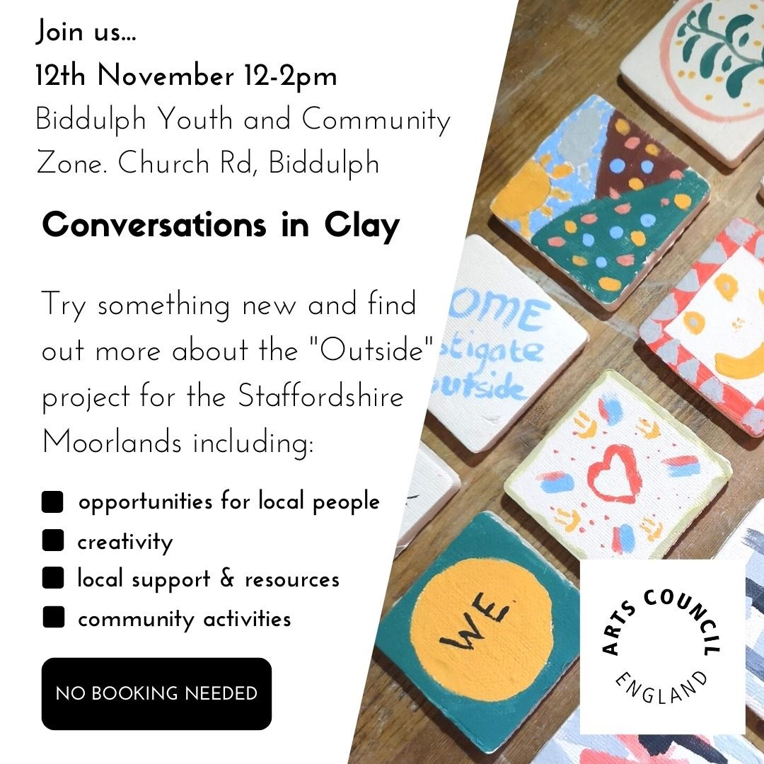 Come along and try something new and creative, and learn about the Outside project for the Staffordshire Moorlands. @SupportStaffs <a href="/BArtsStoke/">B Arts</a> @BuxtonLeek <a href="/StaffMoorlandDC/">Staffordshire Moorlands District Council</a> <a href="/ace_national/">Arts Council England</a>