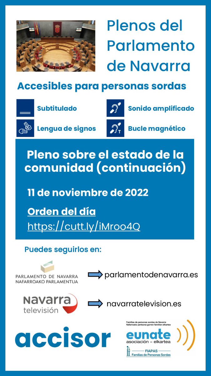 EUNATE_ASOC's tweet photo. Continuas hoy el Pleno sobre el estado de la Comunidad en el @parlamentoNA accesible para personas sordas. A partir de las 9:15 puedes seguirlo en la web del https://t.co/2QX9k14RvD o en @NavarraTV
#accesibilidad
#personassordas
#subtitulado
#interpretesls
#buclemagnetico https://t.co/jvFJ8AbI9Q