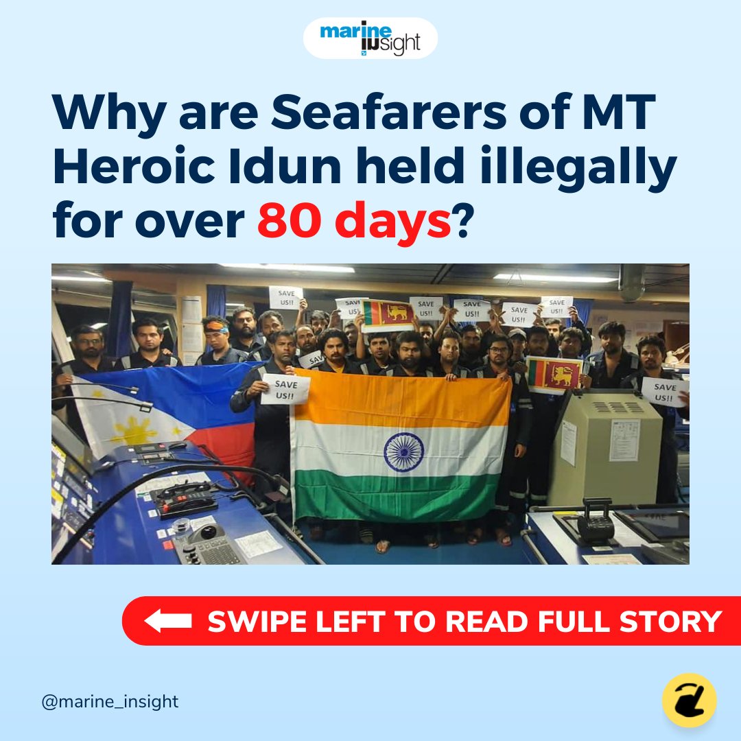 MarineInsight's tweet photo. 26 crew members of tanker vessel MT Heroic Idun, have been "illegally" detained by Equatorial Guinea since 14th August.

It has been over 80 days but the crew is still held on charges of crude oil theft. https://t.co/ZSgzaY7mda