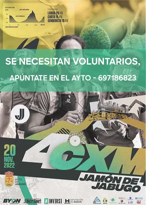 🔵 VOLUNTARIOS: IV CXM JAMON DE JABUGO <a href="/ByonSportEvents/">byon-sport</a> 

‼️ Se necesitan VOLUNTARIOS para organizar la actividad del 20 de noviembre.

👟 Si te gusta el deporte y quieres ayudar, apúntate como voluntario en el Ayto, Pabellón Municipal o 697186823.

ℹ️ cutt.ly/5N3eVuS