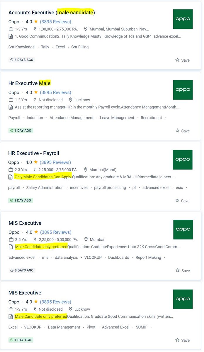 im_srikrish's tweet photo. 5 good reasons, any self-respecting Indian woman shouldn't buy OPPO mobile.  While Oppo possibly makes 50% revenue from Women customers, they wouldn't hire them. 
Indian CODE on WAGES (2019) says discrimination on the grounds of gender while hiring is illegal. https://t.co/ZRkuWmuYmS