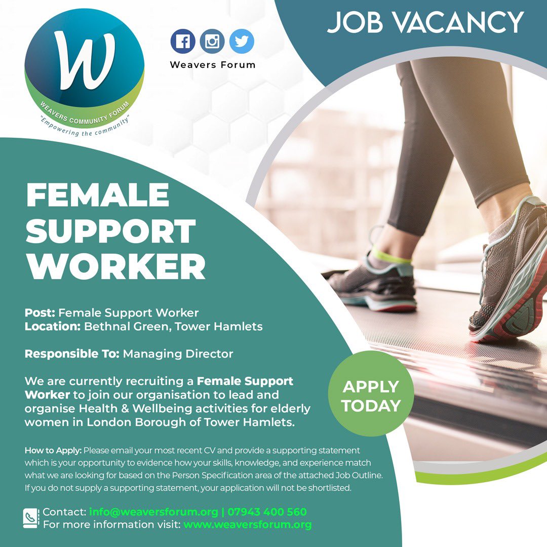 WeaversForum's tweet photo. We are hiring!
A vacancy is available for a Female Support Worker based in Bethnal Green, Tower Hamlets

Please see JD and Person specification on our website: https://t.co/HgxpQLWdVz

Deadline: Sunday 20th November 2022   #Jobs #Exercise #HealthyLiving #Weavers https://t.co/b1vFjL8iae
